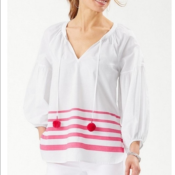 Tommy Bahama | Pom Pink Stripe 3/4 White Sleeve Top Sz M - Picture 7 of 9